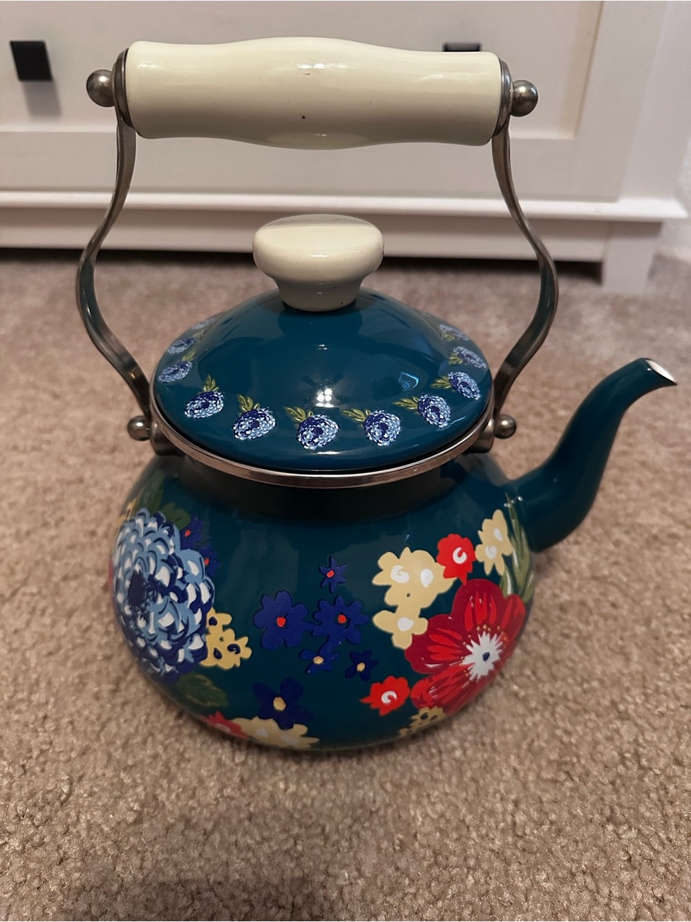 The Pioneer Woman Teal Floral Enamel Tea Kettle with Cream Handle